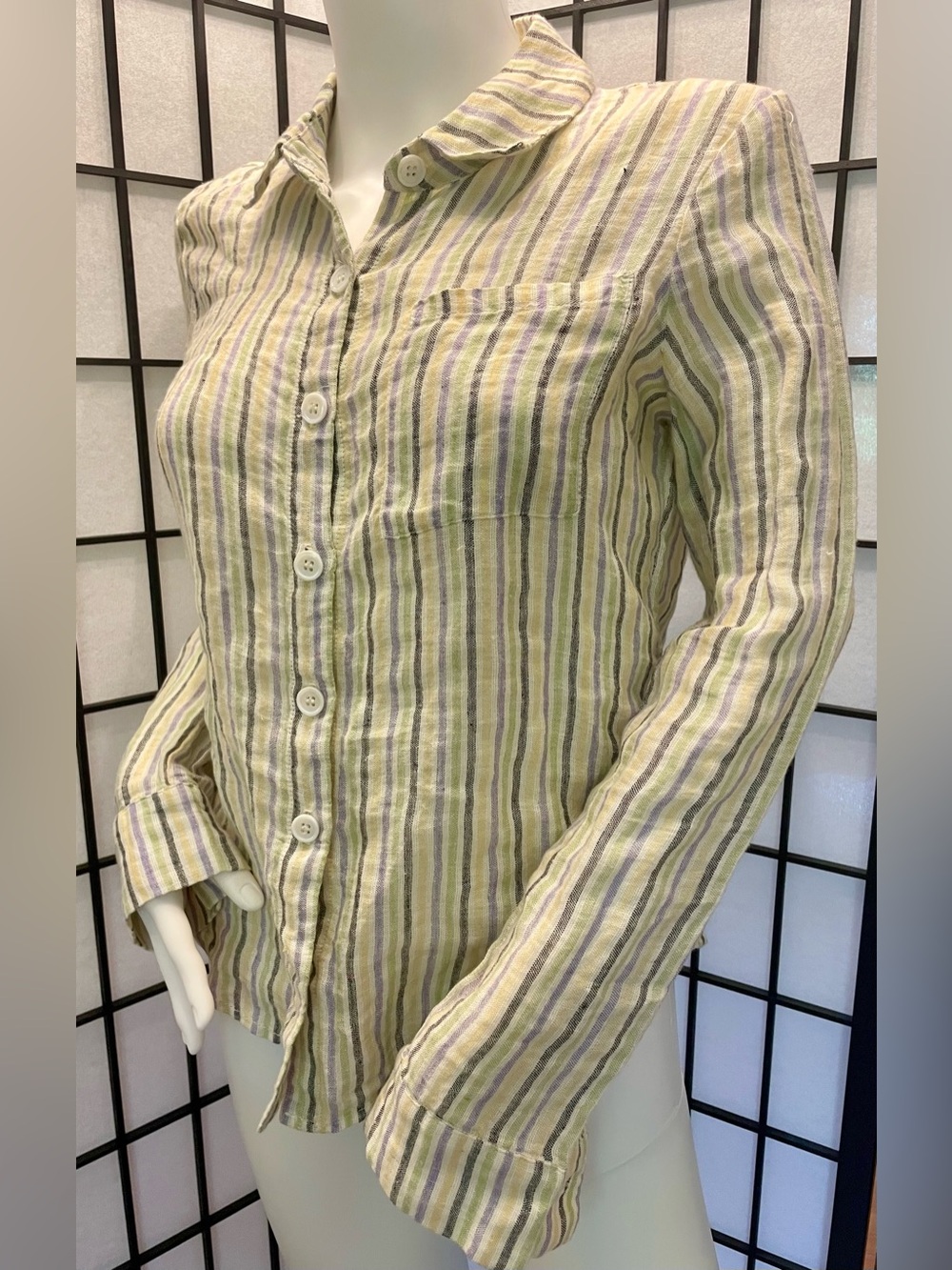 Reformation Light Green and Cream Striped Button-Down Shirt Size XS
